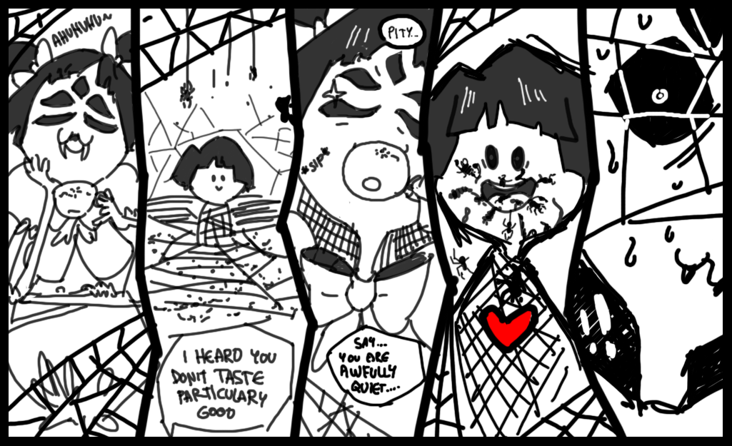 ! &lt;3 ambiguous_gender anthro arachnid arthropod avielsusej black_and_white_and_red child clothing comic creepy dialogue dress duo_focus english_text fangs female feral group human humor insect mammal muffet multi_limb multiple_eyes open_mouth protagonist_(undertale) scorpion smile speech_bubble spider spider_web sweat tea_cup text undertale young