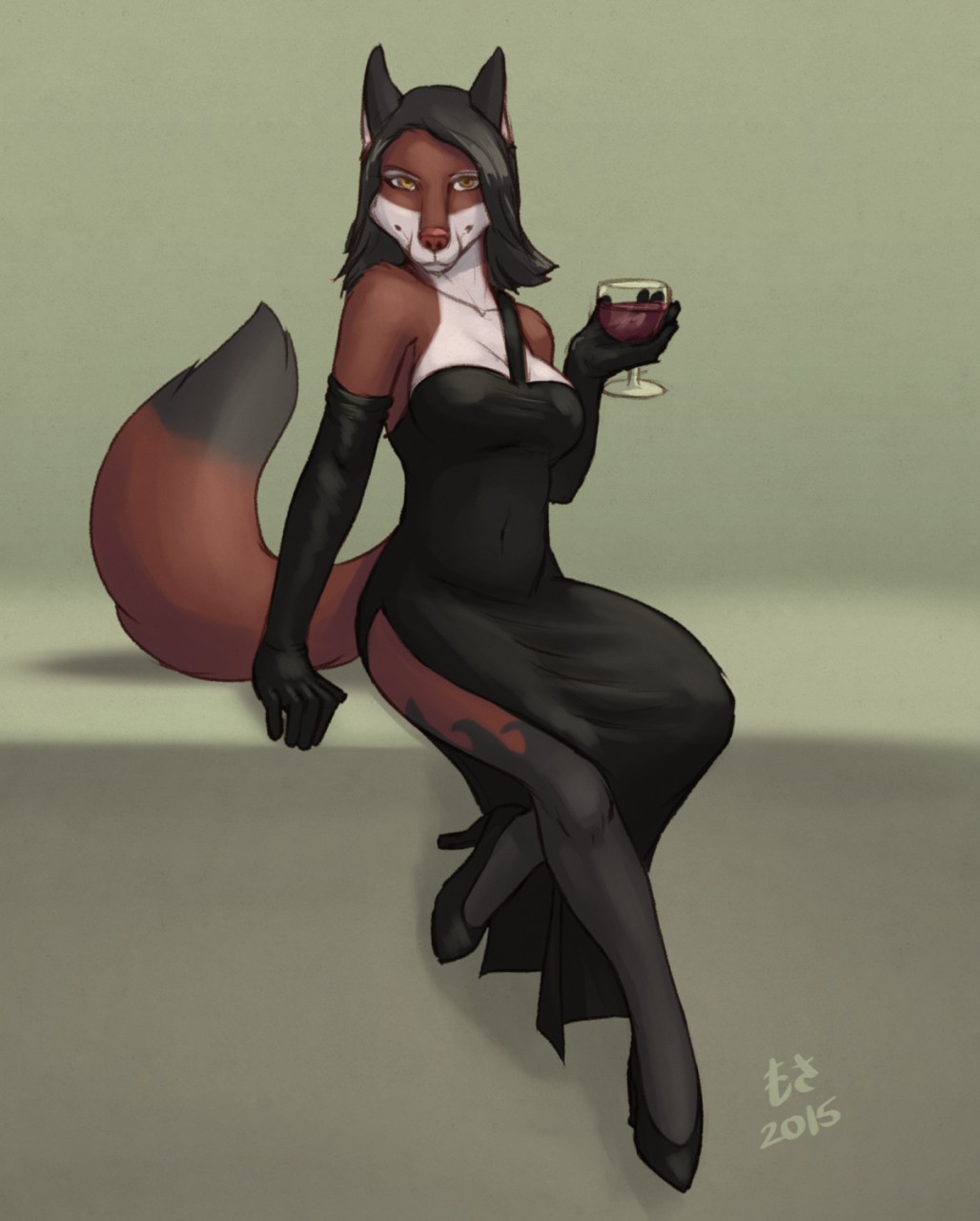 2015 alcohol anthro beverage black_hair canine clothing dress elbow_gloves female food fox glass gloves hair high_heels looking_at_viewer mammal mosa pose sitting solo wine yellow_eyes