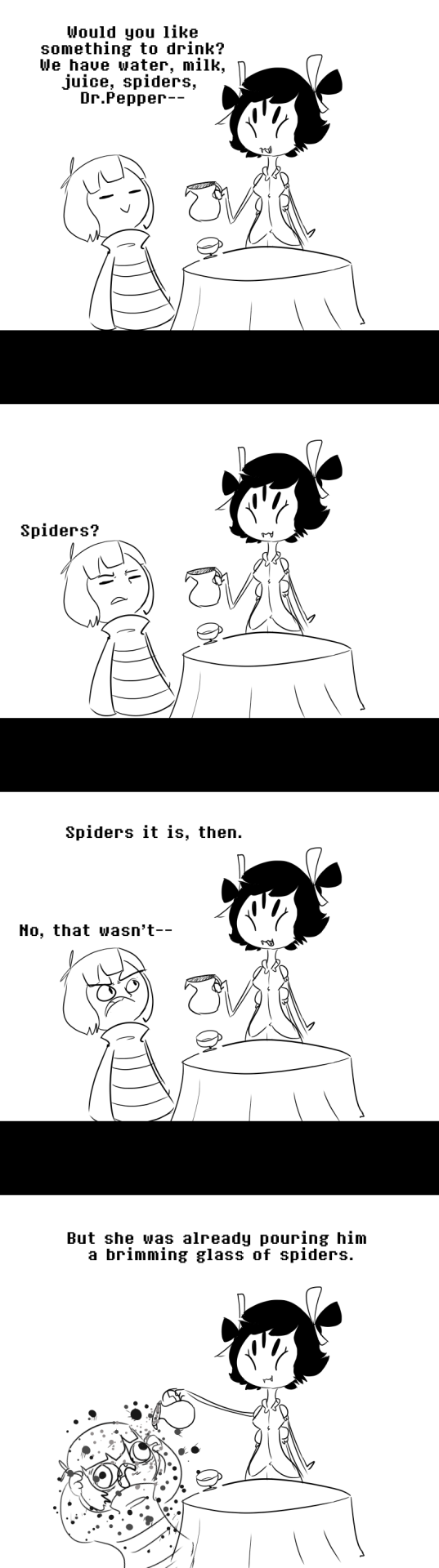 ambiguous_gender anthro arachnid arthropod black_and_white black_hair clothing comic cup dialogue dress duo english_text eyes_closed female feral hair hair_bow human humor jug mammal monochrome monster muffet multi_limb multiple_eyes open_mouth protagonist_(undertale) smile spider table text undertale zitoisneato