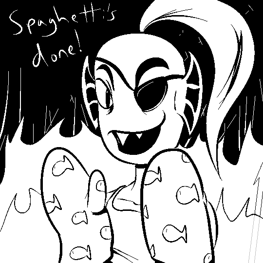 black_and_white eye_patch eyewear fangs female looking_at_viewer monochrome oven_mitt ponytail solo undertale undyne wolfeditor