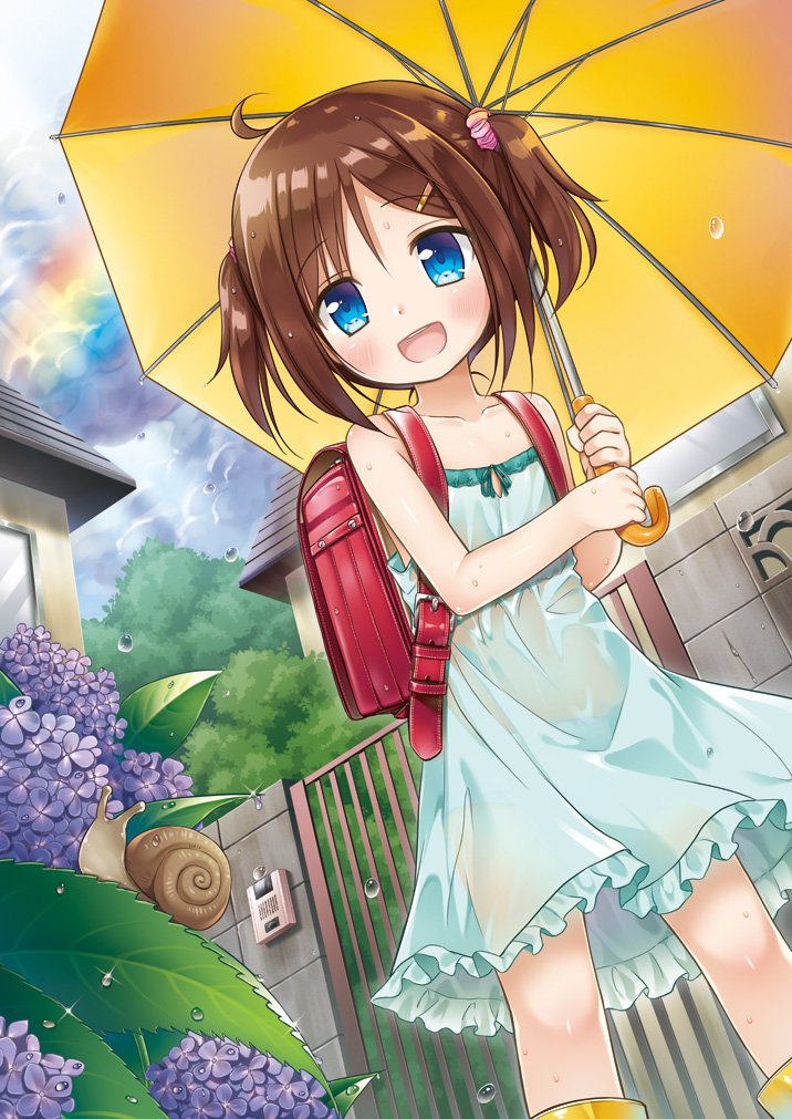 1girl backpack bag blue_eyes boots brown_hair building child cloud commentary_request dress flower gate green_dress hair_ornament hairclip house hydrangea open_mouth original outdoors plant rain rainbow randoseru rubber_boots scrunchie see-through short_hair sky smile snail solo sundress two_side_up umbrella wall wet wet_clothes wet_dress yellow_footwear yukino_minato