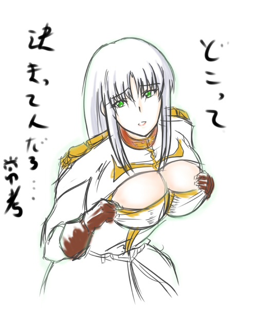 1girl breasts cleavage cleavage_cutout female gloves green_eyes gundam gundam_zeonic_front large_breasts long_hair military_uniform parted_lips pitt solo sophie_fran uniform white_hair