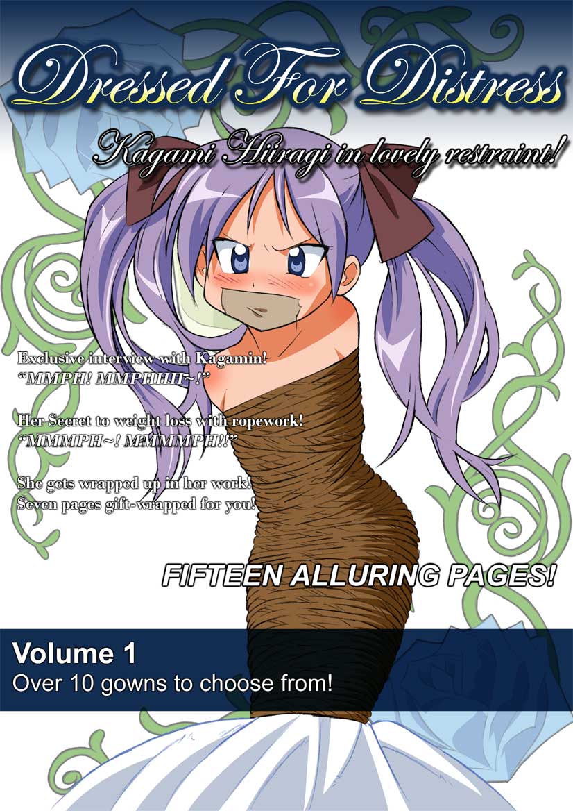 The Big ImageBoard (TBIB) - blue eyes blush bondage bound cover daikinbakuju  dress floral background gag gown hiiragi kagami long dress lucky star  magazine magazine cover mummification purple hair rope rose tape