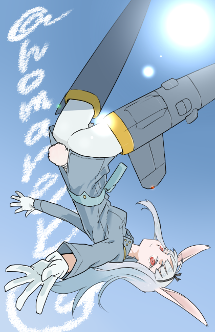 animal_ears ass bangs black_ribbon blue_sky bunny_ears bunny_tail day flying gloves hairband homare_(homaredai) lens_flare long_hair long_sleeves original pantyhose red_eyes ribbon silver_hair sky solo striker_unit sun tail twitter_username upside-down white_gloves white_legwear world_witches_series