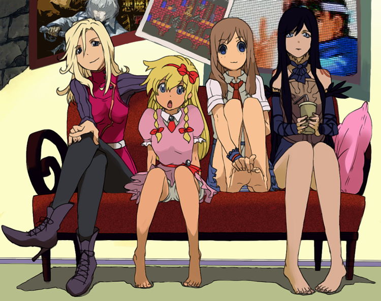 4girls :3 :o bad_id bad_pixiv_id barefoot black_hair blonde_hair bloomers blue_eyes blush braid breasts brick_wall castlevania castlevania:_portrait_of_ruin casual charlotte_aulin chestnut_mouth couch cup derivative_work dress drink drinking_straw feet foot_hold frame hand_on_own_knee hands_on_feet head_tilt high_heels holding indoors itou_yoshiyuki legs legs_crossed legs_together lineup long_hair long_legs looking_at_viewer maria_renard moon multiple_girls navel outstretched_arms panties pointing poster_(object) richter_belmondo salt_(reincarnation) shadow shanoa sitting smile soles soma_cruz soul_eater third-party_edit tiptoes toes twin_braids underwear yoko_belnades