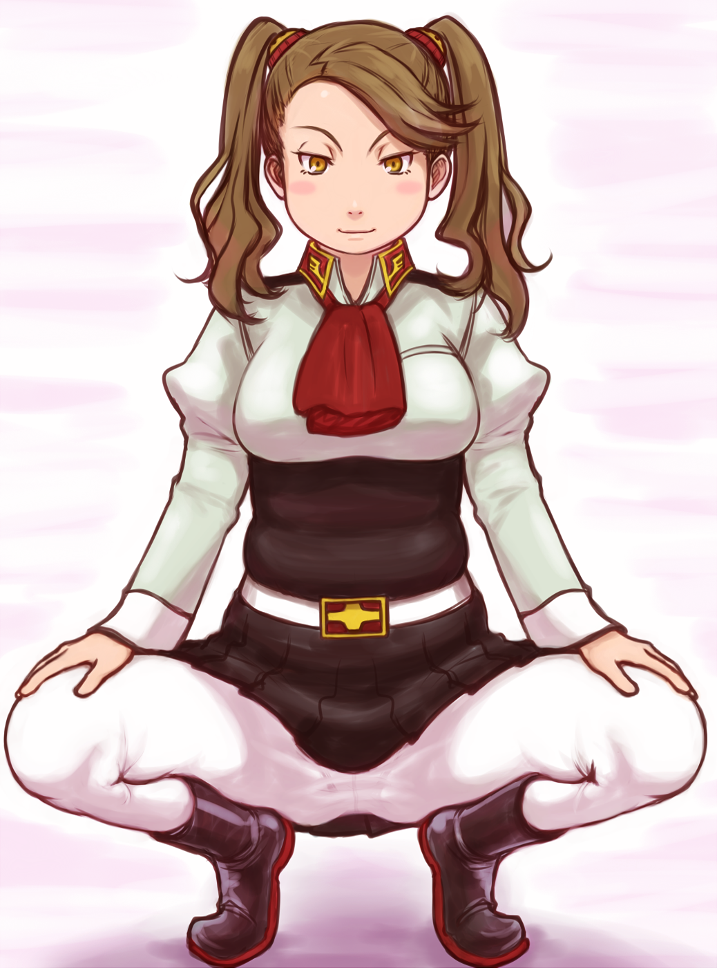 belt blush boots brown_eyes brown_hair crotch_seam gundam gundam_build_fighters gundam_build_fighters_try hair_ornament high-waist_skirt highres kamisuki long_hair pantyhose plump sazaki_kaoruko school_uniform skirt smile solo spread_legs squatting twintails white_legwear