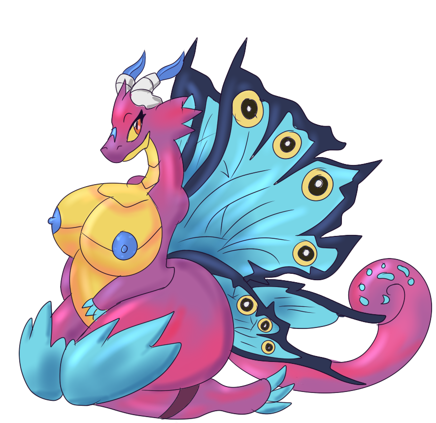 2015 alpha_channel big_breasts blue_nipples breasts busty_feral butterfly_dragon claws dragon dragon_city female feral kappaster looking_at_viewer magenta_skin nipples nude scales scalie simple_background sitting solo transparent_background