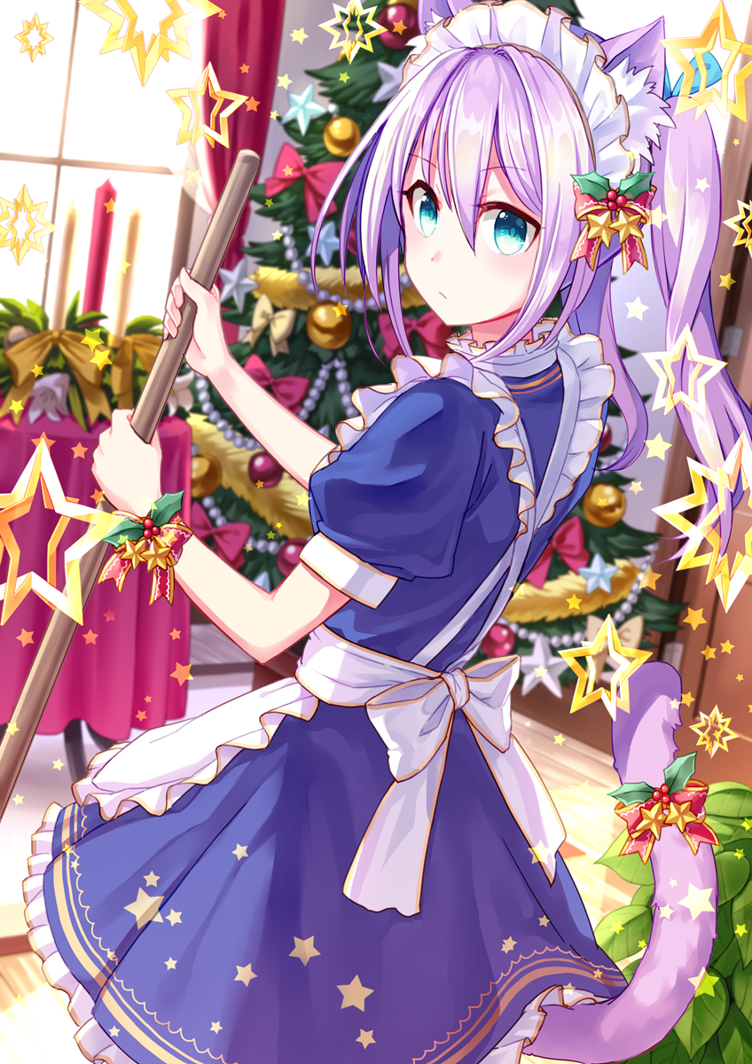 1girl animal_ears apron aqua_eyes bangs blue_dress bow broom candle cat_ears cat_tail christmas christmas_ornaments christmas_tree coconat_summer commentary_request curtains dress frilled_dress frills hair_between_eyes highres holding holding_broom holly indoors long_hair looking_at_viewer looking_back maid maid_headdress original purple_hair red_ribbon ribbon short_sleeves sidelocks solo star sweeping table tablecloth tail tail_bow tinsel twintails white_apron window wrist_ribbon yellow_bow