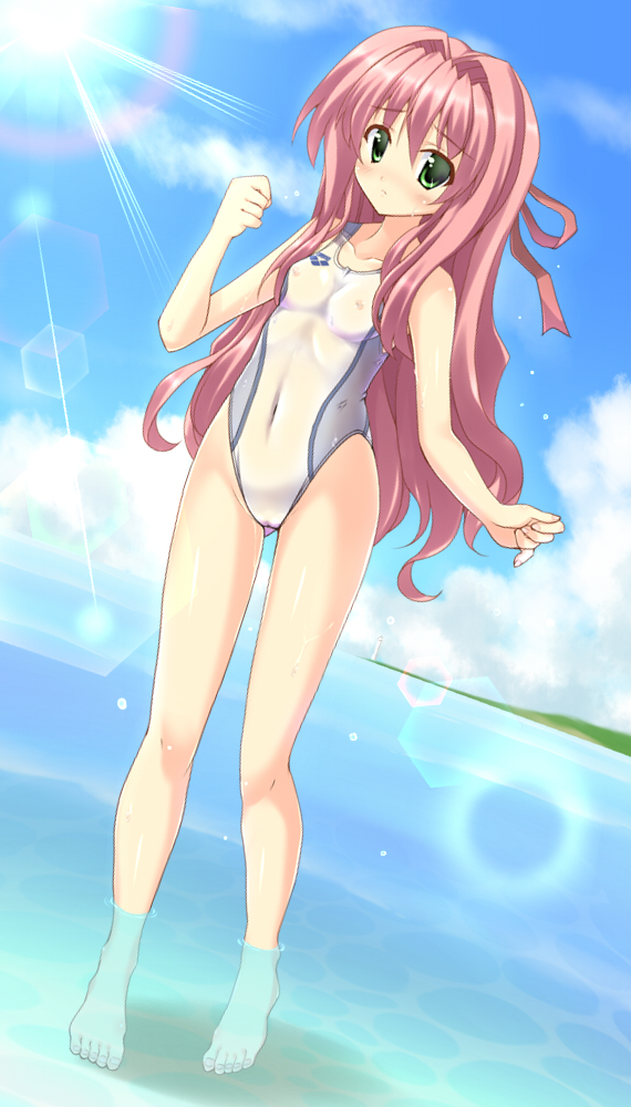arena_(company) barefoot breasts competition_swimsuit covered_nipples green_eyes hair_intakes hizuki_aki one-piece_swimsuit original pink_hair pixiv_robot_wars_gaia see-through small_breasts solo standing swimsuit wading water zanshomimai