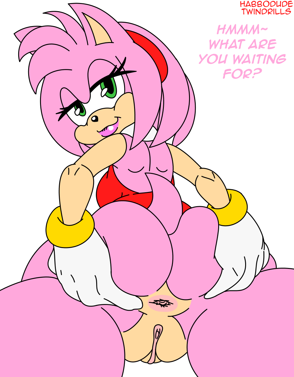 amy_rose anthro anus big_butt butt english_text female greyscale habbodude hedgehog looking_at_viewer looking_back mammal monochrome pussy simple_background smile solo sonic_(series) spreading text twindrills