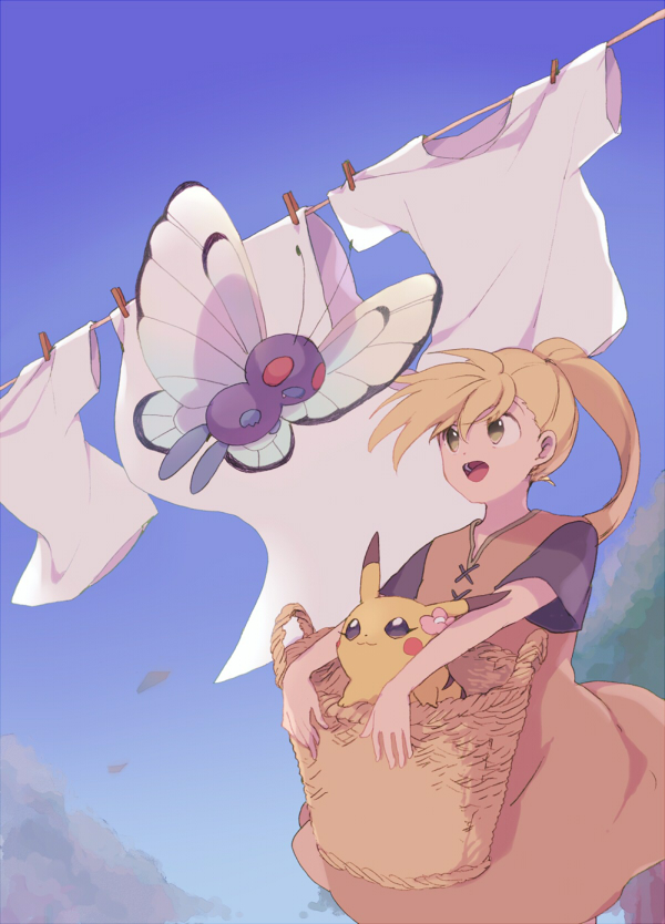 1girl :d basket bed_sheet blonde_hair blue_sky bug butterfly butterfree chuchu_(pokemon) clothes_pin creature creatures_(company) day dress flying game_freak gen_1_pokemon happy holding holding_basket in_basket insect nintendo open_mouth outdoors pokemon pokemon_(creature) pokemon_special shirt sky smile white_shirt yellow_(pokemon) yellow_dress yui_ko