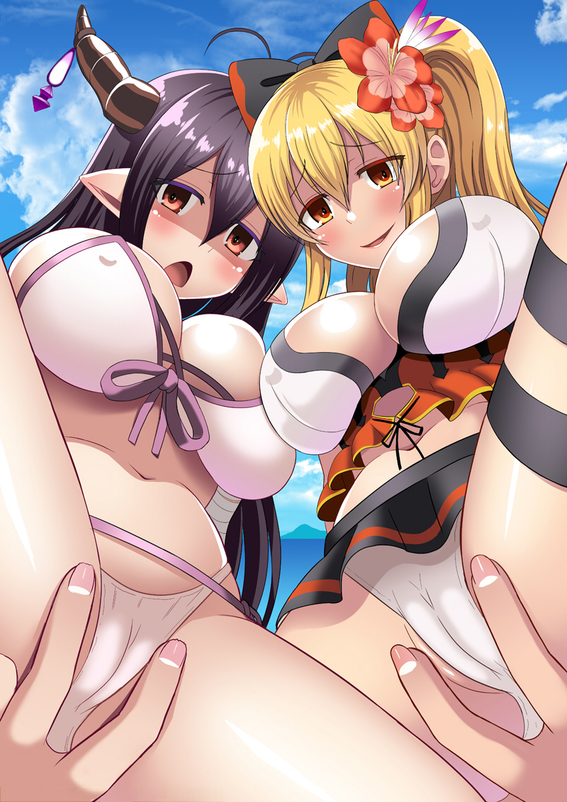 bikini blonde_hair bow breasts covered_nipples danua draph flower granblue_fantasy hair_bow hair_flower hair_ornament horns kondou_ryunosuke large_breasts long_hair looking_at_viewer multiple_girls ocean open_mouth pointy_ears red_eyes side_ponytail smile swimsuit vira_lilie white_bikini yellow_eyes