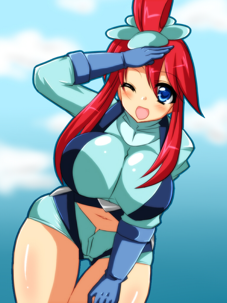 blue_eyes blush bouncing_breasts breasts fuuro_(pokemon) gym_leader huge_breasts looking_at_viewer navel nintendo pokemon pokemon_(game) pokemon_black_&amp;_white pokemon_character red_hair shorts side_ponytail smile suspenders