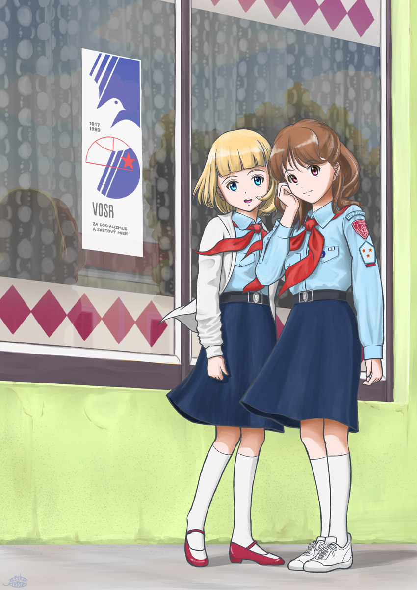 bad_id bad_pixiv_id belt belt_buckle bird blonde_hair blue_eyes blue_shirt blue_skirt brown_hair buckle commentary_request communism curtains dove highres historical history looking_at_viewer multiple_girls necktie open_mouth patches pioneer poster_(object) real_life red_neckwear shirt short_hair skirt slovak slovakia smile socks standing star translated uniform window yakazari_chinon