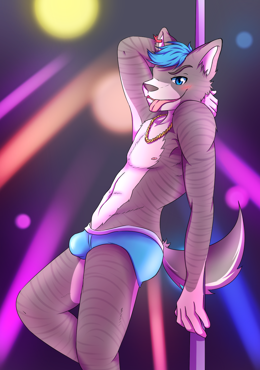 anthro blush buldge canine clothed clothing dancing fur half-dressed looking_at_viewer male mammal nude open_mouth pole pole_dancer pole_dancing shirokoi skimpy smile solo underwear wolf ych