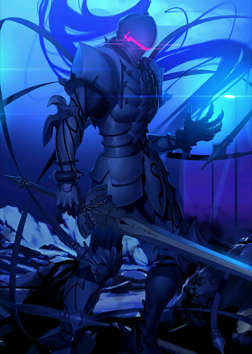 armor armored_boots arondight berserker_(fate/zero) black_armor boots chain fate/grand_order fate/zero fate_(series) full_armor gauntlets helmet holding holding_sword holding_weapon koyama_hirokazu long_hair male_focus night official_art ponytail resized solo sword upscaled waifu2x weapon