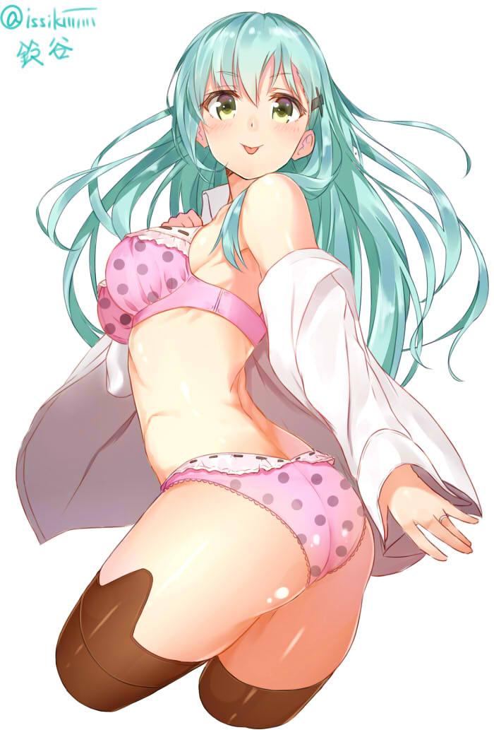 :p ass black_legwear bra breasts cropped_legs floating_hair green_hair isshiki_(ffmania7) jewelry kantai_collection long_hair long_sleeves looking_at_viewer medium_breasts no_pants off_shoulder panties polka_dot polka_dot_bra polka_dot_panties ring shiny shiny_skin solo suzuya_(kantai_collection) thighhighs tongue tongue_out twitter_username underwear underwear_only white_background yellow_eyes