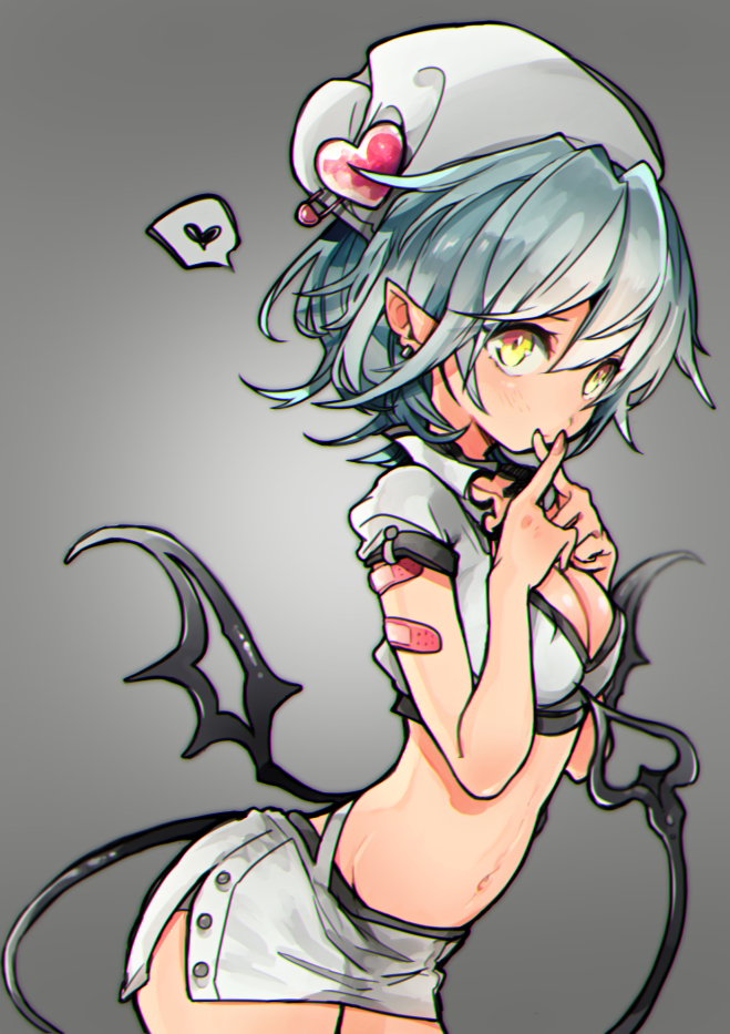 arched_back bandaid_on_arm bangs blue_hair blush breasts closed_mouth cowboy_shot crossed_fingers demon_tail earrings grey_background hat heart jewelry looking_at_viewer low_wings medium_breasts midriff nail_polish navel noricopo_(nori0w0) nurse nurse_cap original pink_nails pointy_ears safety_pin short_hair short_sleeves side_slit solo speech_bubble tail wings yellow_eyes