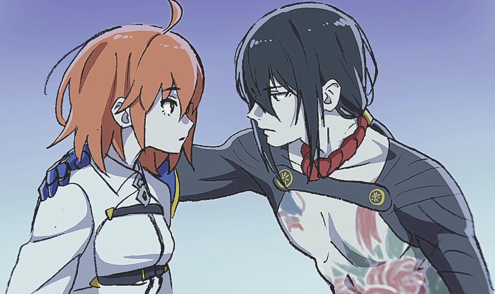 1boy 1girl ahoge black_hair blue_background closed_mouth commentary_request eye_contact eyebrows_visible_through_hair fate/grand_order fate_(series) fujimaru_ritsuka_(female) gauntlets gradient gradient_background hair_between_eyes hand_on_another's_shoulder hand_on_another's_shoulder jacket looking_at_another mi_(pic52pic) orange_eyes orange_hair parted_lips ponytail short_hair tattoo white_jacket yan_qing_(fate/grand_order)