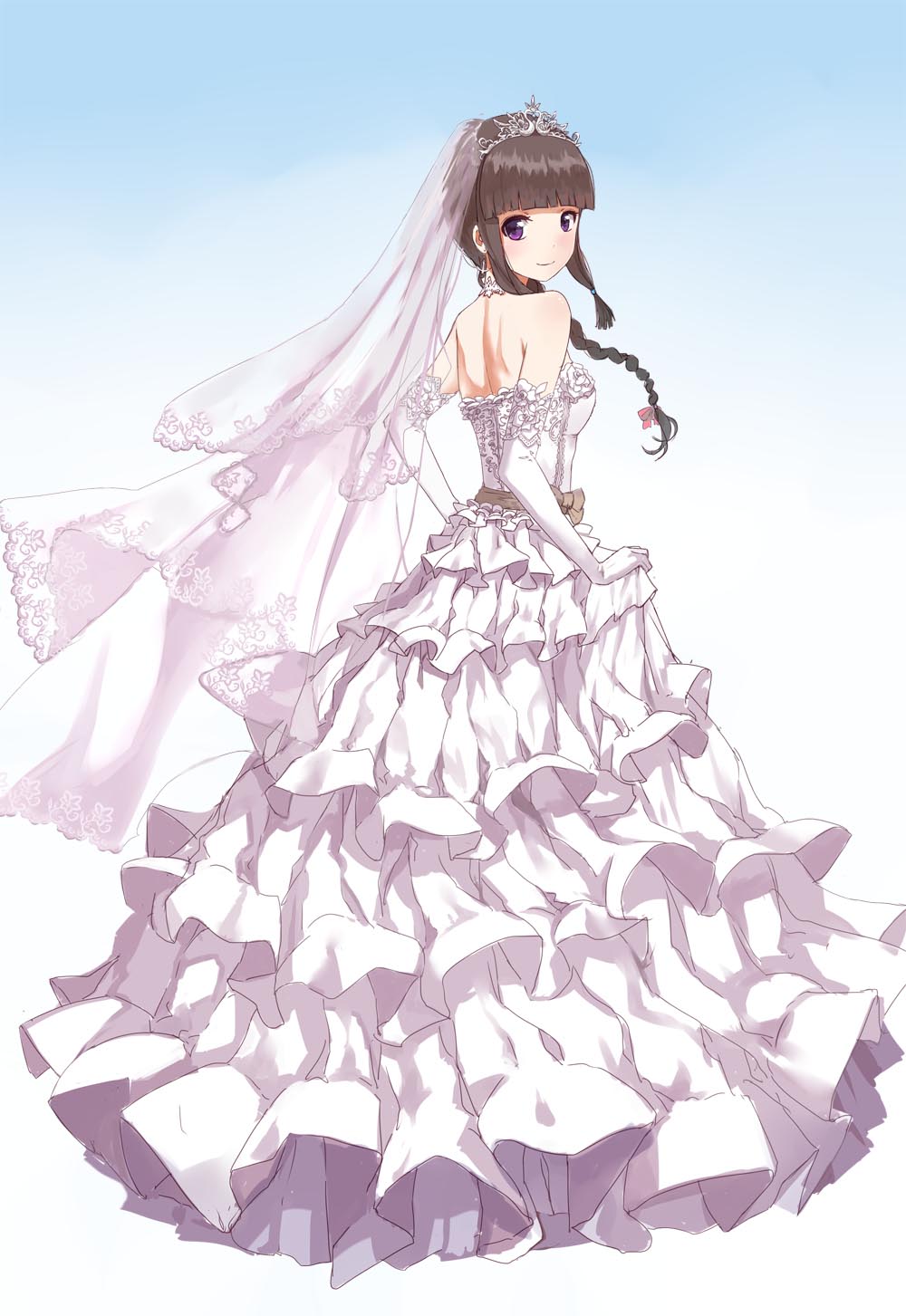 bangs black_hair blunt_bangs braid bridal_veil bride dress elbow_gloves gloves hair_over_shoulder highres kantai_collection kitakami_(kantai_collection) long_hair single_braid smile solo stflash tiara veil wedding_dress