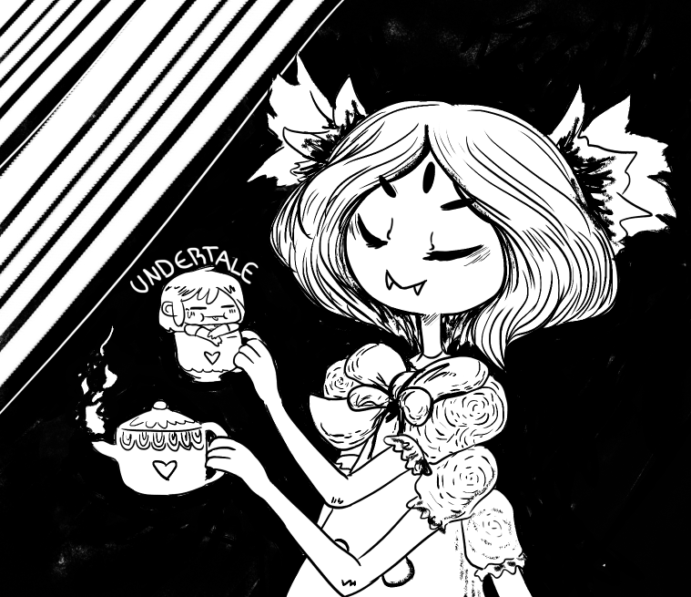 &lt;3 ambiguous_gender anthro arachnid arthropod black_and_white duo english_text eyes_closed fangs female human mammal monochrome monster muffet multi_limb multiple_eyes noseless protagonist_(undertale) size_difference spider tea_cup tea_pot text undertale yalaki