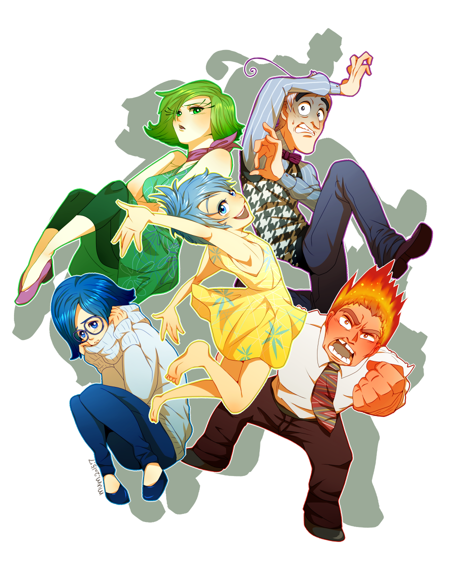 3girls anger_(inside_out) barefoot blue_eyes blue_hair disgust_(inside_out) fear_(inside_out) glasses green_eyes green_hair inside_out joy_(inside_out) multiple_boys multiple_girls mum_(pixiv1182764) necktie open_mouth personification pixar red_hair sadness_(inside_out) short_hair smile