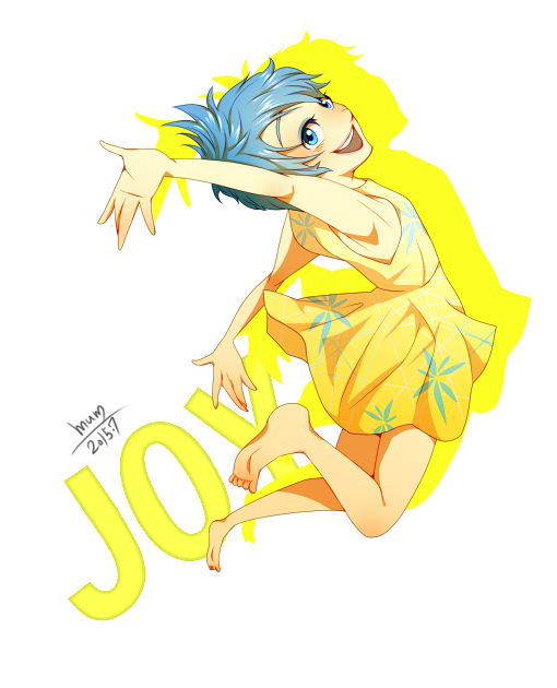 barefoot blue_eyes blue_hair character_name inside_out joy_(inside_out) mum_(pixiv1182764) open_mouth personification pixar short_hair smile solo yellow_skin