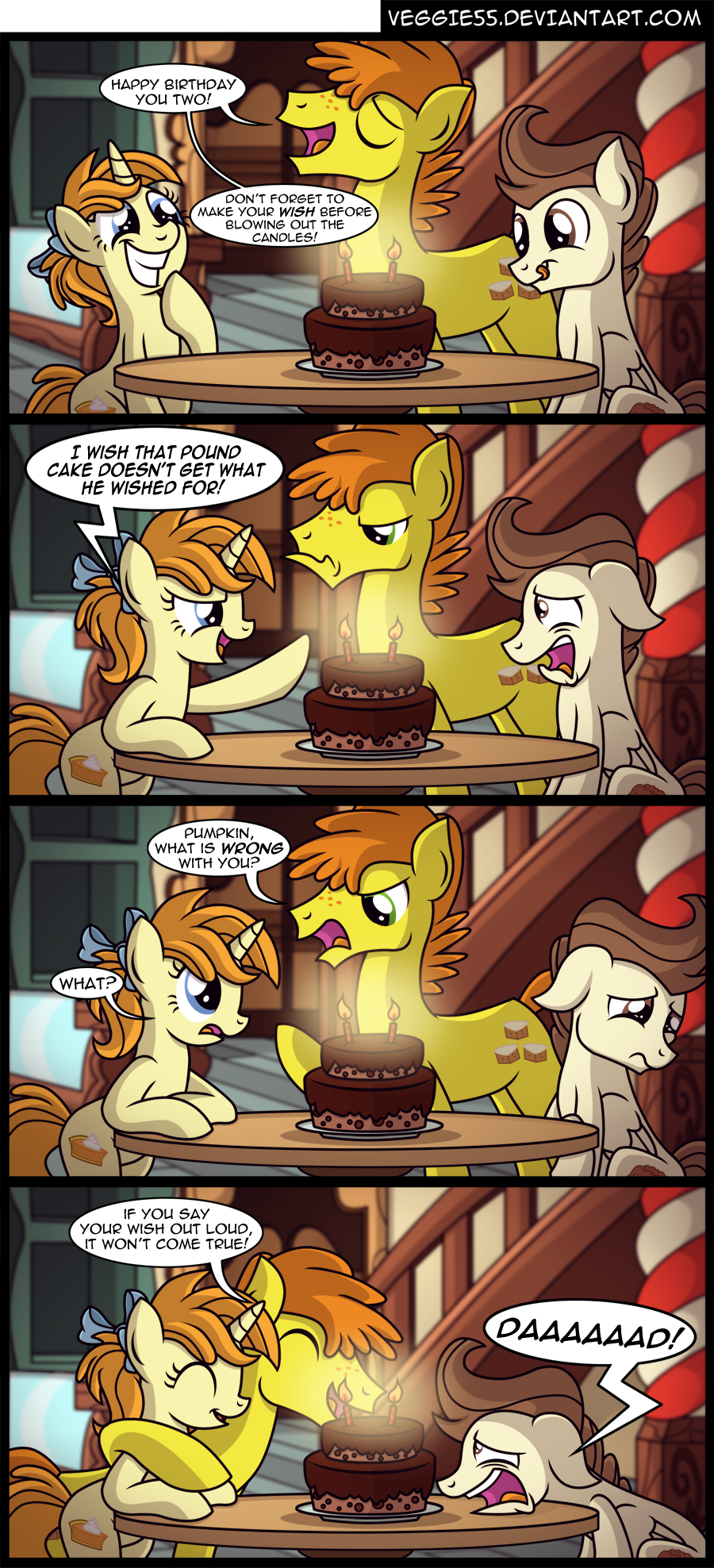 2015 birthday birthday_cake blue_eyes brown_eyes brown_hair cake candle cutie_mark dialogue english_text equine female food freckles friendship_is_magic hair horn horse male mammal mean mr_cake_(mlp) my_little_pony pegasus pony pound_cake_(mlp) pumpkin_cake_(mlp) text unicorn veggie55 wings