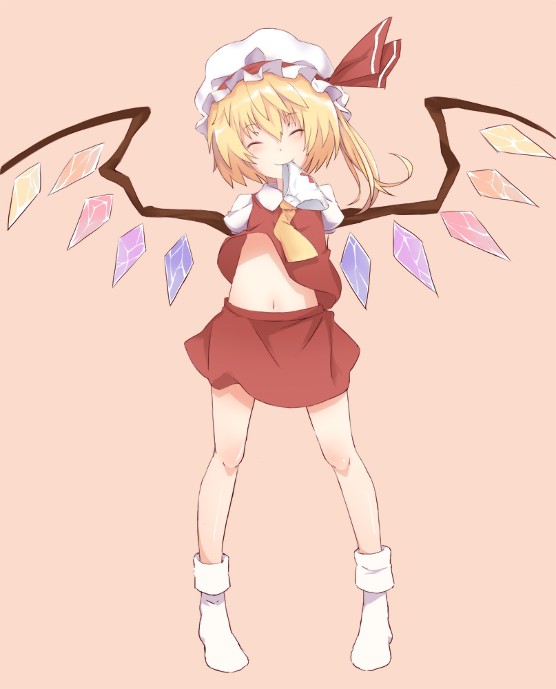 bad_id bad_pixiv_id blonde_hair chonbo_(artist) closed_eyes flandre_scarlet full_body hat long_hair midriff mouth_hold navel panties side_ponytail smile socks solo standing touhou underwear white_panties wings