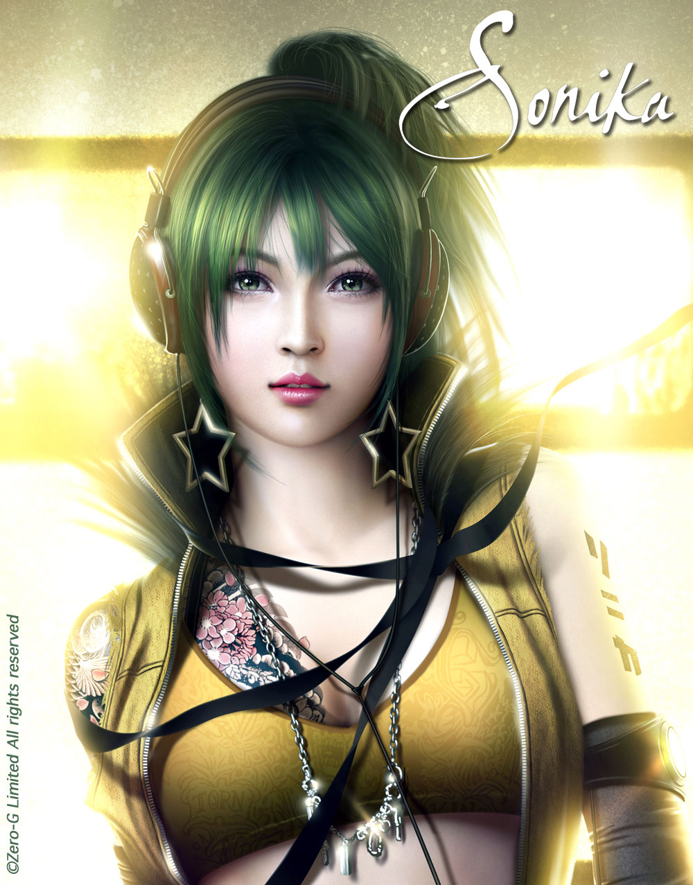 breasts cleavage earrings elbow_gloves gloves green_eyes green_hair headphones highres jewelry large_breasts lips lipstick makeup mario_wibisono necklace official_art ribbon solo sonika star tattoo vocaloid watermark