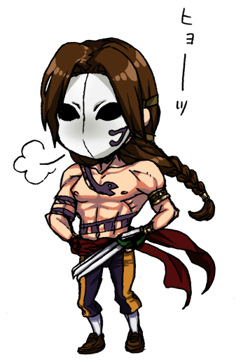 abs armlet bad_id bad_pixiv_id balrog bracelet braid brown_hair chibi claw_(weapon) floating_hair hands_on_hips jewelry long_hair looking_at_viewer male_focus mask muscle navel nipples pants ribs sash scrunchie shirtless shoes simple_background single_braid snake solo standing street_fighter tattoo weapon white_background