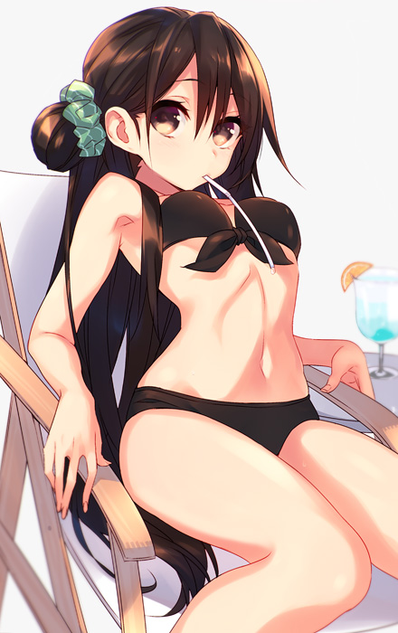 banned_artist bikini breasts brown_eyes brown_hair chair drink drinking_straw folded_hair hair_ornament hair_scrunchie long_hair lounge_chair navel original scrunchie small_breasts solo source_request suisen swimsuit
