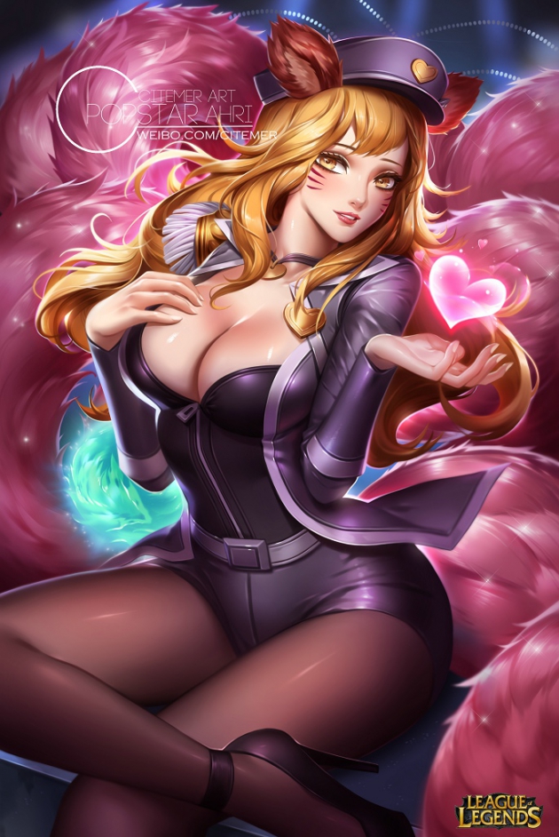 &lt;3 ahri animal_humanoid arian belt blonde_hair canine citemer clothing collar cute dress fox fox_humanoid hair high_hells humanoid league_of_legends legwear mammal multiple_tails music orb shorts tights video_games yellow_eyes