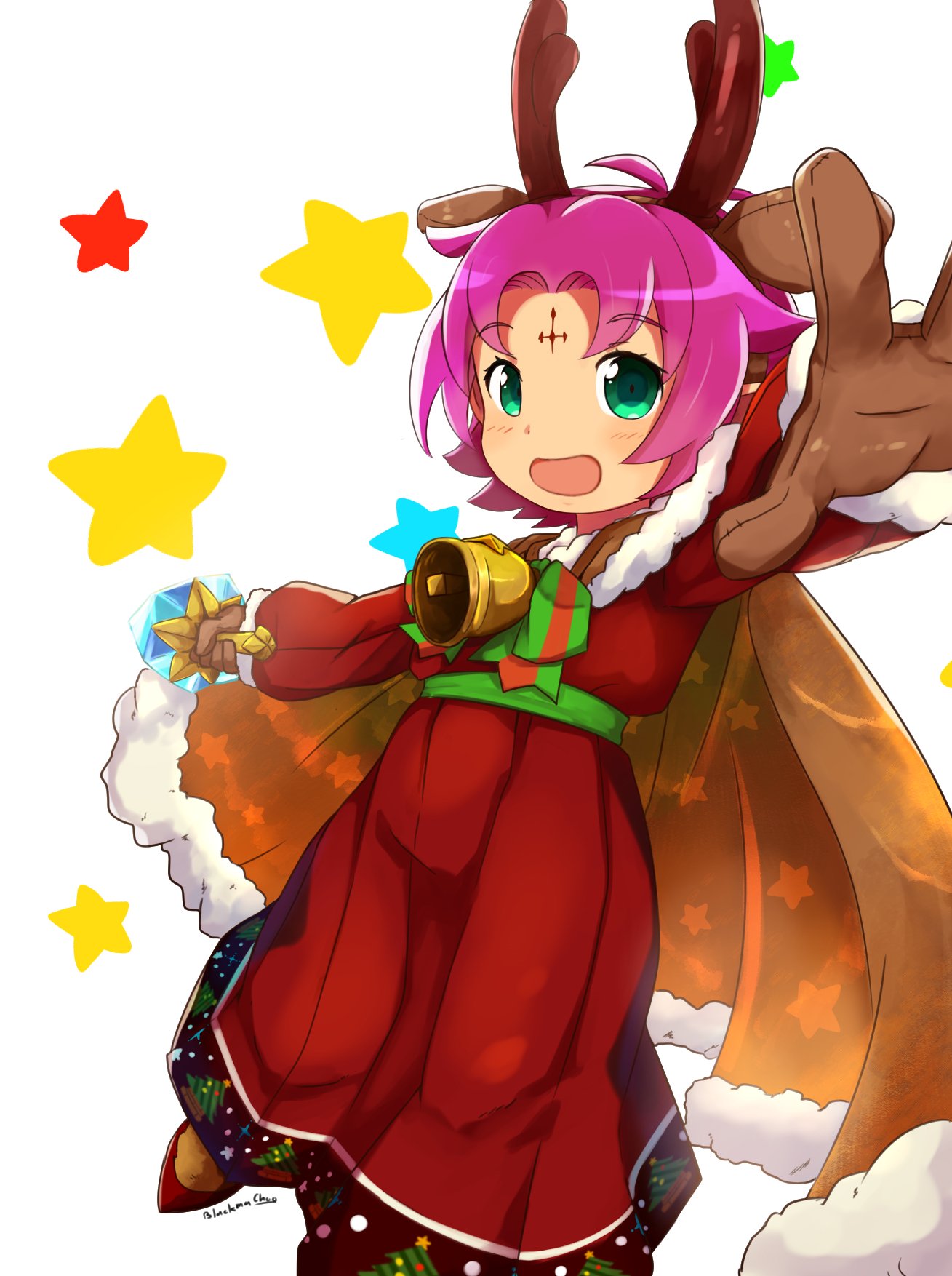 1girl antlers artist_name bell blackma_(pagus0012) brown_gloves cape dress fa facial_mark fire_emblem fire_emblem:_fuuin_no_tsurugi fire_emblem_heroes forehead_mark fur_trim gloves green_eyes highres long_sleeves mamkute nintendo open_mouth outstretched_arm purple_hair reindeer_antlers short_hair simple_background solo star white_background