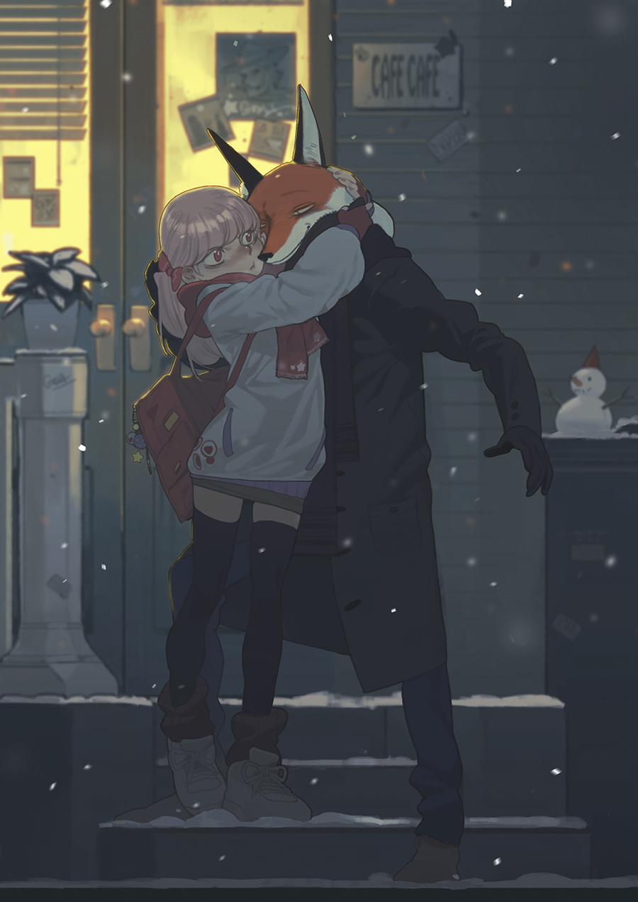 1boy 1girl bag black_scarf blinds blush boots bow ears face-to-face fingerless_gloves flower fox gloves hair_bow hat highres hug keychain lan_se_fangying medium_hair original pink_hair red_eyes red_scarf scarf shop signature skirt smile snow snowman stairs star storefront sweater thighhighs