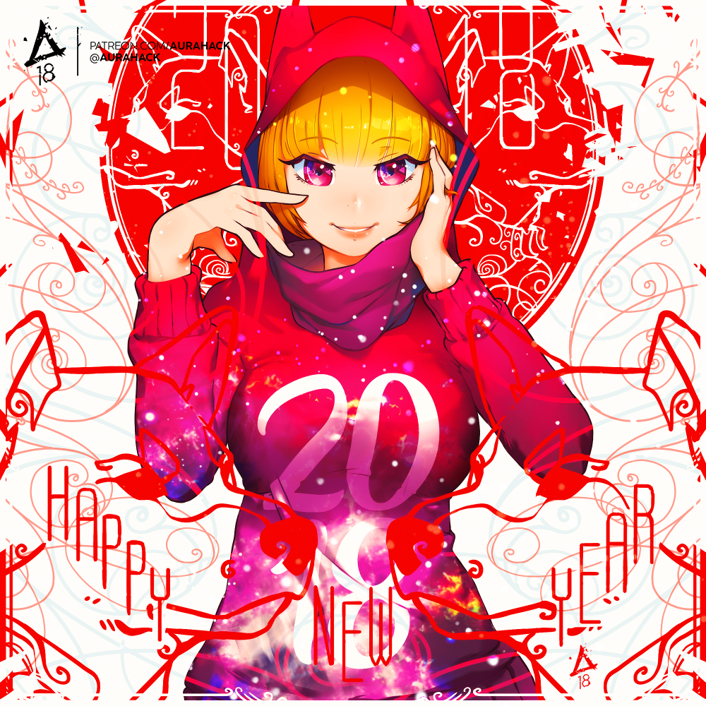 1girl 2018 bangs blonde_hair breasts erica_june_lahaie happy_new_year hood large_breasts new_year original parted_lips purple_scarf red_eyes scarf short_hair signature smile solo sweater upper_body watermark web_address