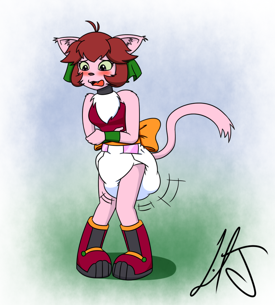 2015 anthro blurred_background blush boots cat clawdia clothing clutching_stomach crossed_arms diaper diaper_soiling embarrassed fangs feces feline female footwear fur green_wristband hair knock-kneed knock_kneed liljdude mammal open_mouth pink_fur pooping purple_eyes red_boots red_hair red_shirt ribbon_bow shirt short_hair signature simple_background soiling soiling_diaper solo standing waist_bow white_diaper wristband