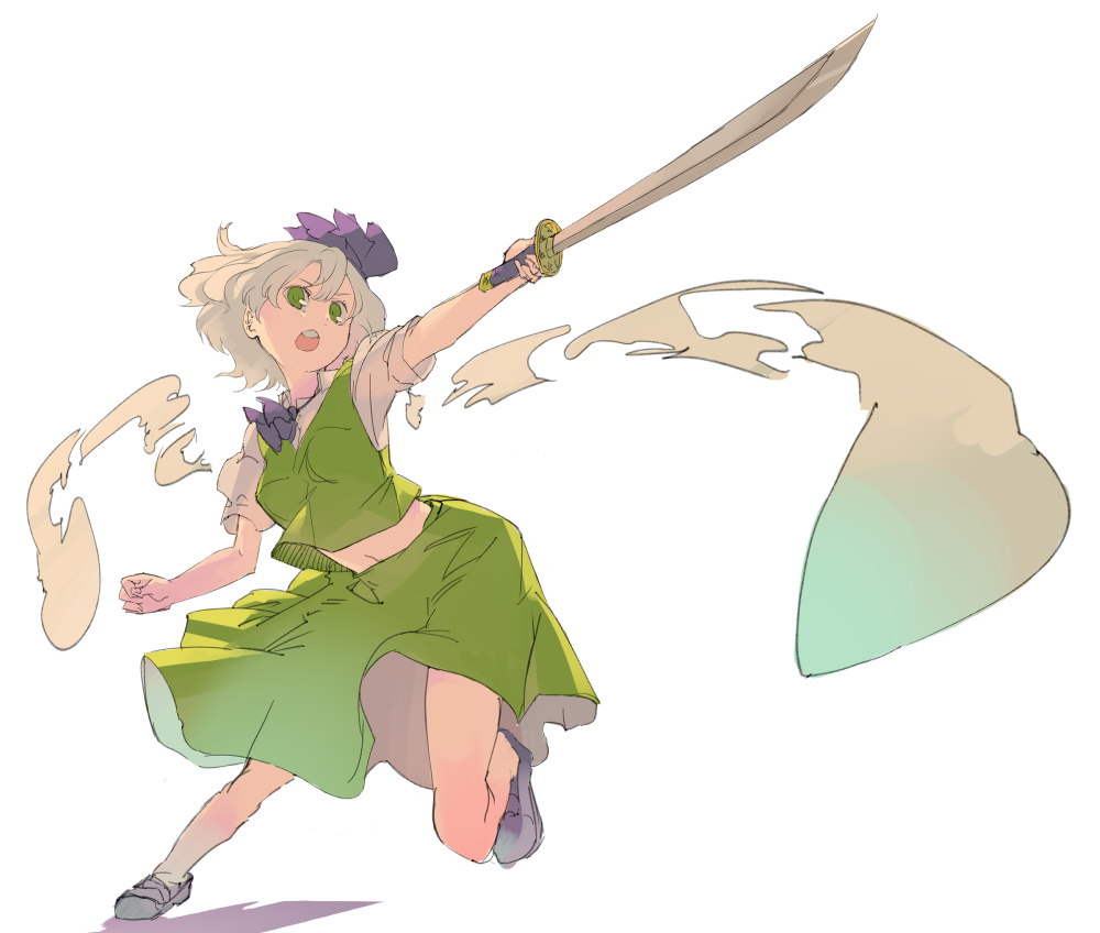 colorized full_body green_eyes hairband hitodama katana konpaku_youmu konpaku_youmu_(ghost) looking_at_viewer midriff navel open_mouth outstretched_arm pisoshi ribbon shirt shoes short_hair short_sleeves silver_hair simple_background sketch skirt skirt_set solo sword touhou vest weapon white_background