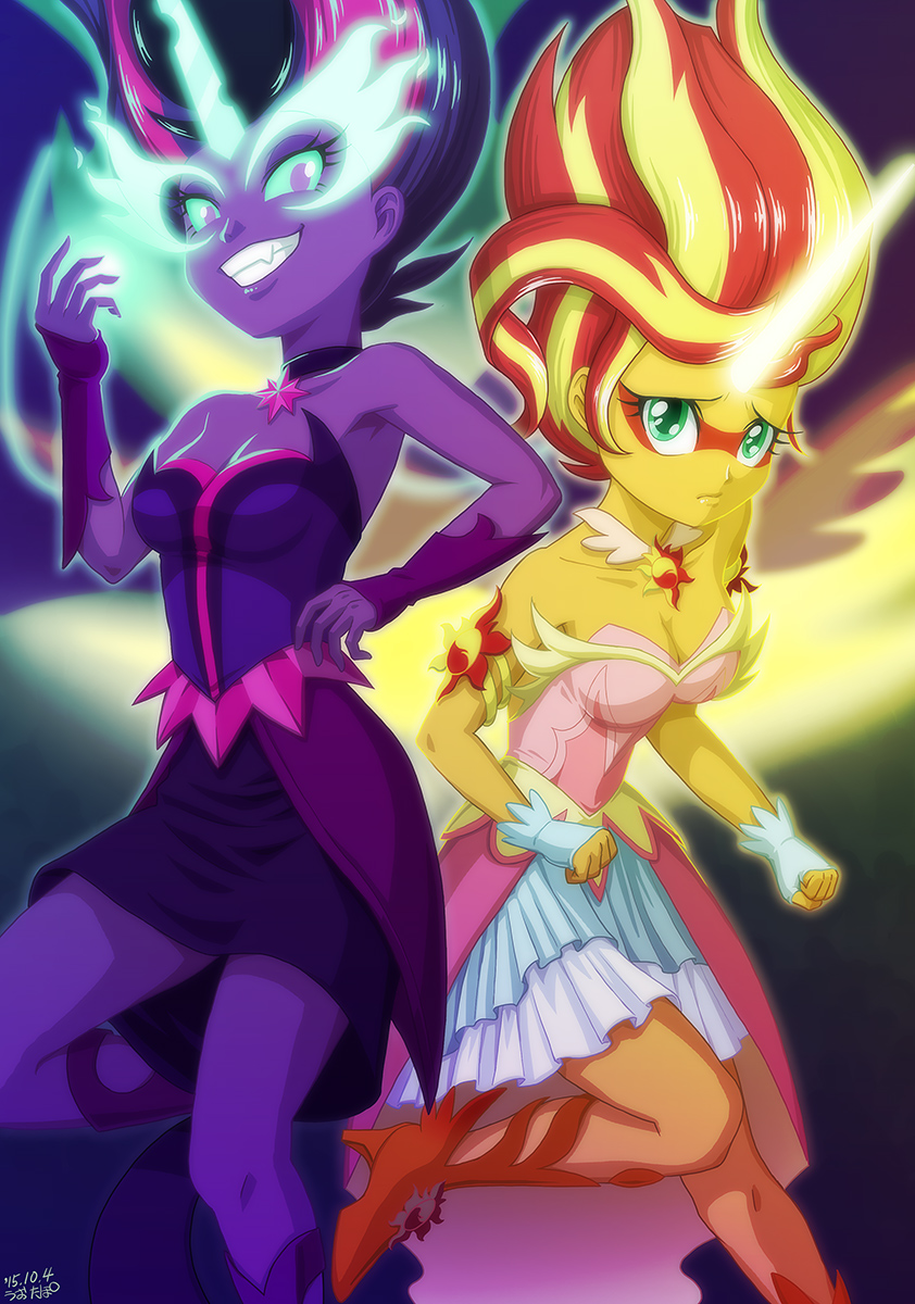 2015 blonde_hair blue_eyes cleavage clothed clothing collar dress duo equestria_girls equine eyeshadow fangs female gloves hair horn makeup mammal mask my_little_pony purple_eyes red_hair semi-anthro sunset_shimmer_(eg) twilight_saprkle_(eg) winged_unicorn wings
