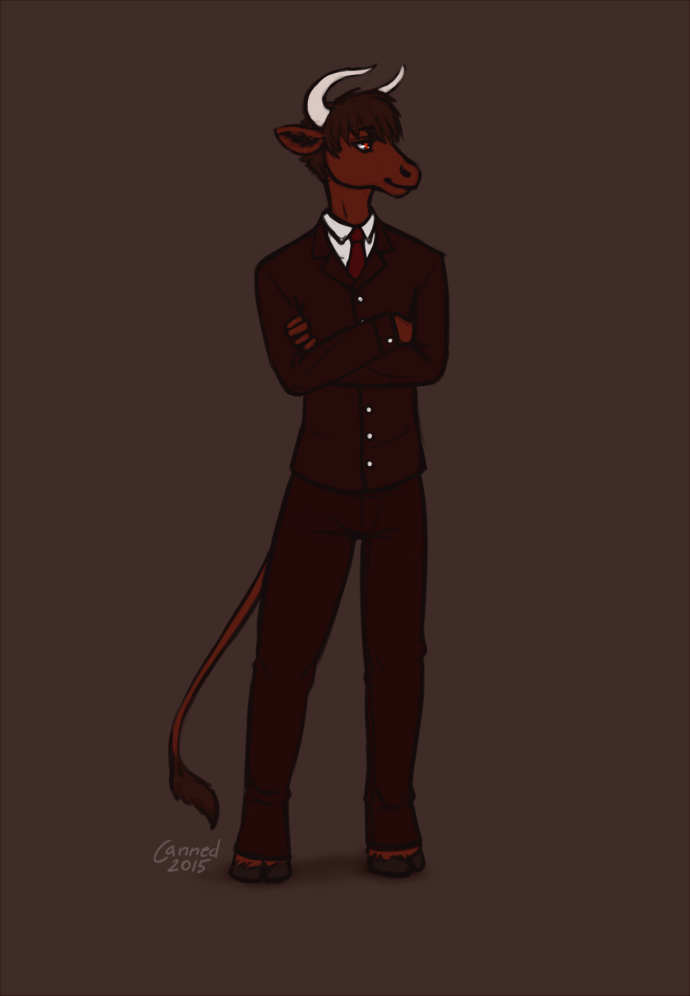 2015 anthro bovine brown_fur brown_hair canned_(artist) cattle clothed clothing crossed_arms fur hair hooves horn male mammal necktie red_eyes simple_background solo standing suit