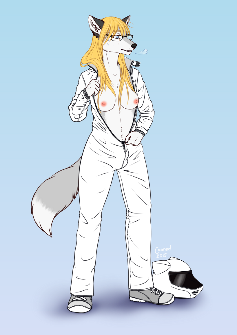 2015 anthro black_nose blonde_hair blue_background blue_eyes breasts breathing bulge canine canned_(artist) clothed clothing dickgirl eyewear fur glasses gradient_background grey_fur hair helmet intersex jumpsuit mammal navel nipples partially_clothed pink_nipples simple_background solo standing undressing wolf