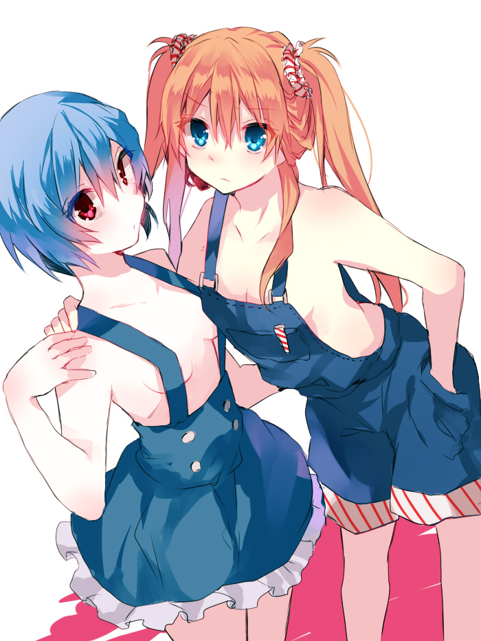 alternate_hairstyle ayanami_rei bad_id bad_pixiv_id blue_hair breasts hair_ornament hair_scrunchie hand_in_pocket ikeuchi_tanuma long_hair multiple_girls naked_overalls naked_suspenders neon_genesis_evangelion orange_hair overalls red_eyes scrunchie short_hair small_breasts souryuu_asuka_langley suspenders twintails