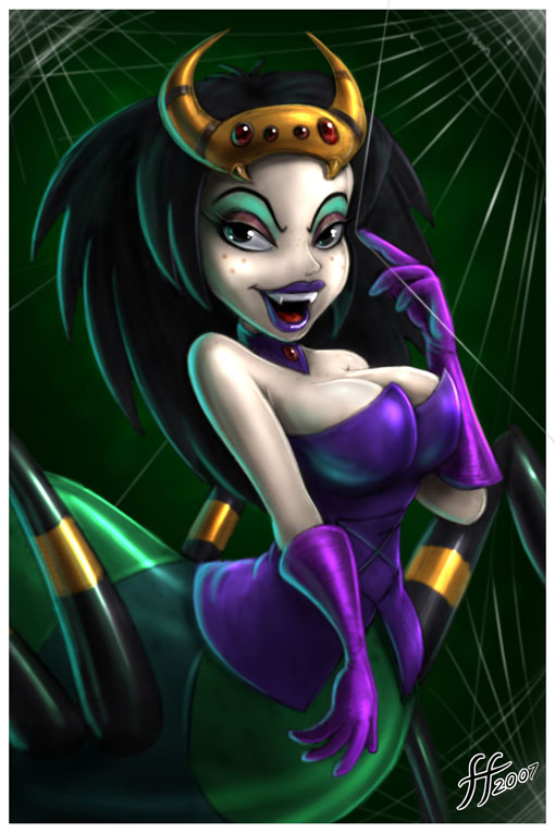 arachnid arthropod black_hair breasts cleavage clothed clothing fangs female fernando_faria freckles gloves hair lips looking_at_viewer purple_lips spider the_grim_adventures_of_billy_and_mandy velma_green