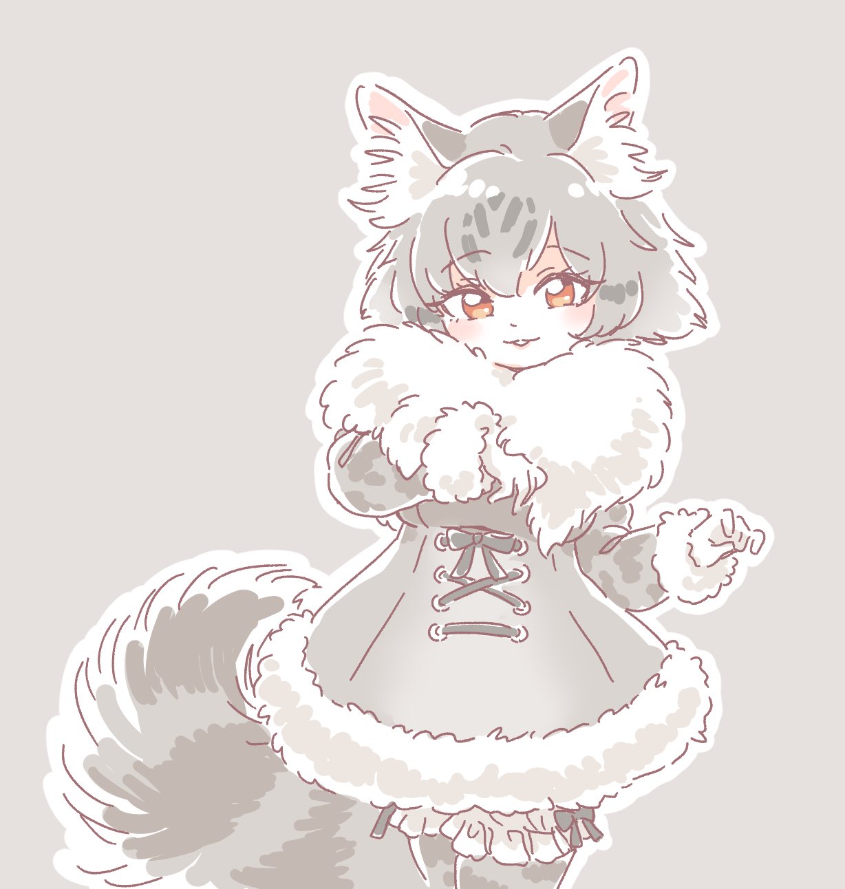 1girl animal_ears bangs blush brown_eyes character_request coat commentary_request cowboy_shot fur_trim gloves grey_background grey_hair grey_legwear highres kemono_friends long_sleeves looking_at_viewer mitsumoto_jouji outline pantyhose parted_lips simple_background smile solo standing tail white_gloves white_outline