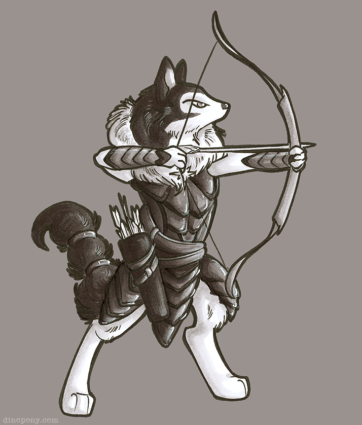 anthro archer armello armor arrow bow_(weapon) canine digitigrade female greaves mammal monochrome quiver ranged_weapon river_(armello) solo sushidragon weapon wolf