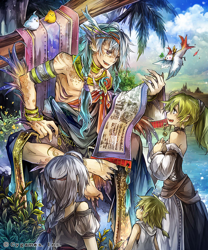 2girls ahoge aqua_hair armband barefoot bird bracelet braid branch child choker cloud clover colorful cygames day detached_sleeves earrings fantasy fins floating four-leaf_clover fujiwara_akina green_hair grey_hair hands_on_own_chest head_fins indian_style jewelry long_hair looking_at_another monster_boy multicolored_hair multiple_boys multiple_girls ponytail ribs sash scales scroll shingeki_no_bahamut short_hair single_braid sitting sky smile tree water