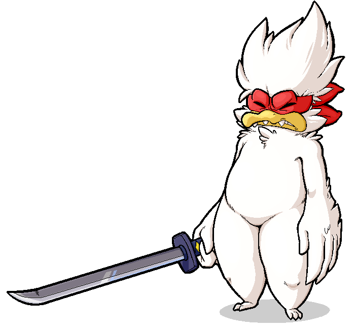 ambiguous_gender anthro avian bird chest_tuft chicken chicken_(nuclear_throne) eyes_closed feathers featureless_crotch frown fur katana mask melee_weapon nuclear_throne nude shadow simple_background solo standing sword teeth tuft weapon white_background white_feathers xingscourge