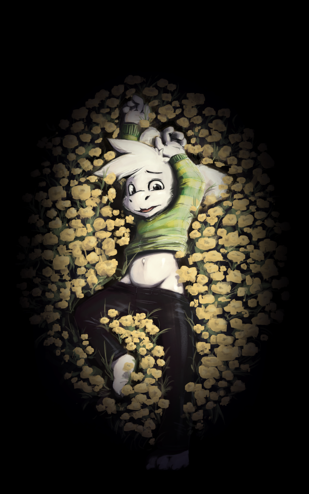 anthro asriel_dreemurr barefoot black_background black_eyes black_pants caprine clothed clothing cub flower fur goat green_shirt hair hands_up harmarist looking_at_viewer lying male mammal midriff navel on_back open_mouth pants partially_clothed plant shirt simple_background solo striped_shirt tongue undertale white_fur white_hair young