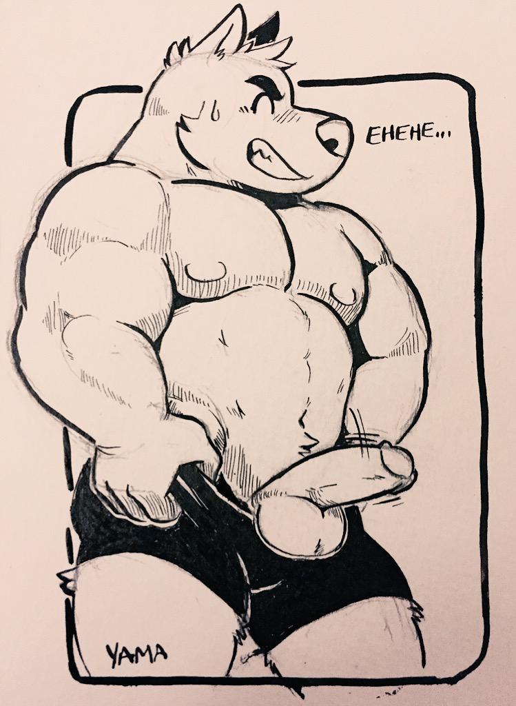 anthro balls blush canine clothing embarrassed erection male mammal monochrome muscular penis shorts simple_background solo white_background wolf wolfyama