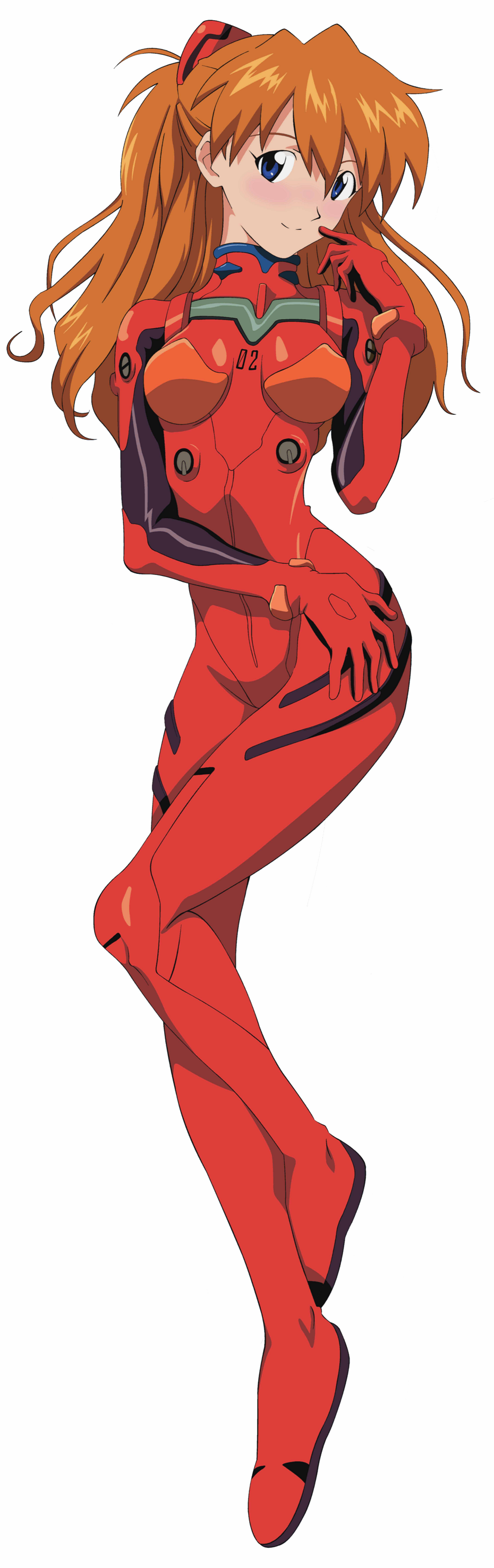 absurdres artist_request bangs blue_eyes blush bodysuit bracer breasts dakimakura finger_to_mouth from_above full_body gloves hair_between_eyes hair_ornament hand_on_hip highres light_smile long_hair long_image looking_at_viewer lying neon_genesis_evangelion number on_back orange_hair pilot_suit plugsuit shikinami_asuka_langley simple_background skinny small_breasts smile solo souryuu_asuka_langley tall_image turtleneck white_background